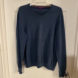 Alan Flusser Sweater Men’s Size Large Cotton Cashmere Blue Pullover V Neck